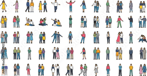 Diverse people characters collection, tiny flat style men and women icons, standing couples and individuals, colorful community vector illustration