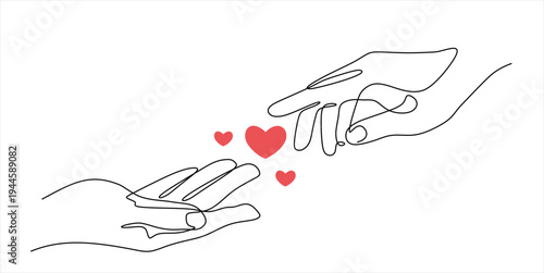 Continuous one line drawing of man gives a red heart to the woman's hands. concept of charity, love, donate and helping hand. International cardiology day.Hand drawn one line vector. Editable stroke.	