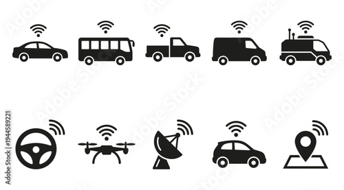 A collection of black and white icons depicting various connected vehicles and technology symbols, including cars, buses, trucks, drones, and satellite dishes, all with wireless communication signals.