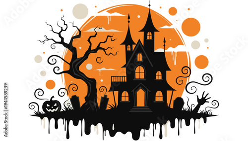 Spooky Halloween Night Silhouette with Haunted Trees and Large Full Moon Vector