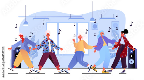 Active seniors dancing group activity joyful movement elderly people enjoying music colorful indoor scene modern lifestyle concept