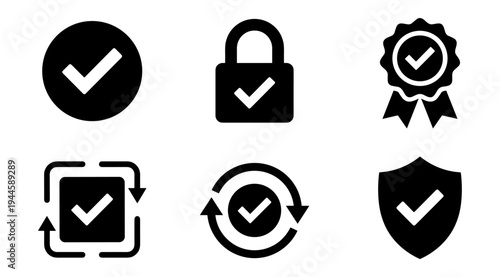 A set of black and white security icons featuring checkmarks, a shield, padlock, and certificate symbols on a clean white background, conveying trust, safety, and verification.