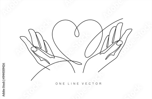 One continuous line drawing of hands holding heart. Concept of love relationship and volunteer organisation symbol in simple linear style. Editable stroke. Doodle Vector illustration	