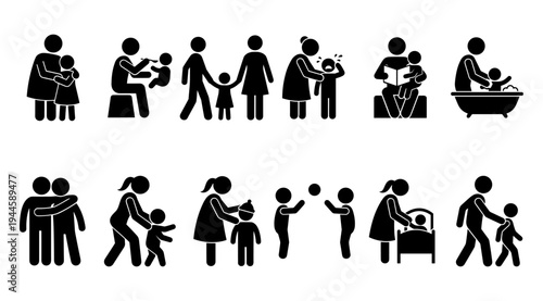 A set of black silhouettes depicting various scenes of parents and children interacting, showcasing family life and childcare moments in a simple, iconic style.