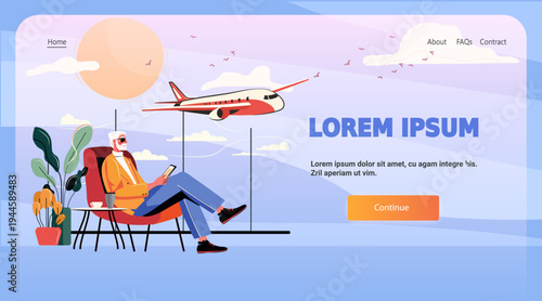 Airport waiting lounge elderly man relaxing airplane flying modern travel concept digital tablet coffee plants sunset sky website banner