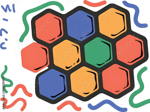 A cluster of nine brightly colored, interconnected hexagons forms a geometric honeycomb structure surrounded by wavy lines.