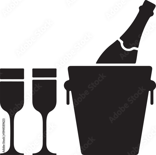 Champagne Bottle in Ice Bucket with Glasses Icon – Celebration Silhouette Vector