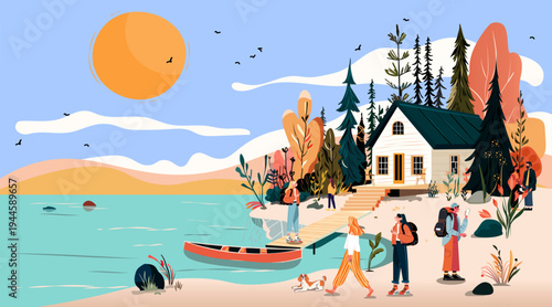 Lake cabin adventure nature landscape people hiking forest trees dock canoe autumn colorful outdoor scene template