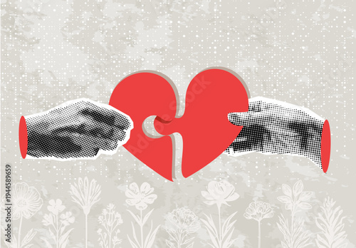 Halftone collage banner, male and female hands holding puzzles in the shape of heart halves. Magazine cut out paper elements on a dark background, concept of finding a soul mate.	
