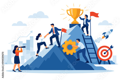 Business teamwork and corporate success concept with professional people climbing a mountain to reach a trophy, featuring leadership, collaboration, goal achievement, and growth metaphors.