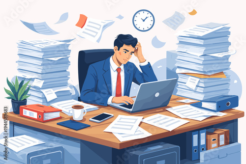 Stressed Corporate Employee Working at a Desk Overwhelmed by Huge Piles of Paperwork and Documents, Busy Office Job Bureaucracy Concept, Flat Vector Illustration of Man with Laptop and Coffee.