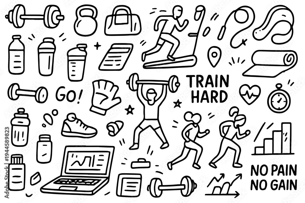 Naklejka premium hand-drawn doodle vector set of gym and fitness icons illustrated in a playful sketchy outline style isolated on white background