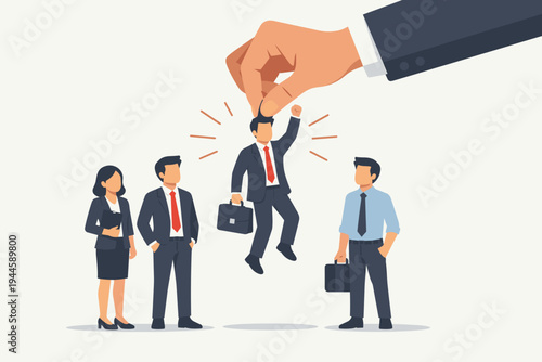 Business recruitment concept with a giant hand choosing a successful candidate from a group of professionals. Flat vector illustration for human resources, hiring, job search, and career growth.