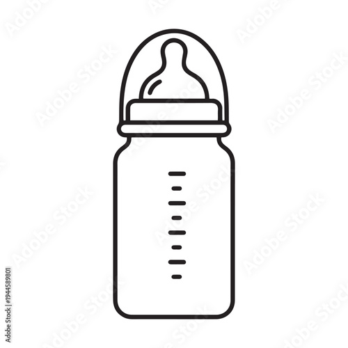 Black and White Vector Illustration of a Classic Baby Feeding Bottle with Measurement Scale, Nipple, and Cap for Nursery Design.