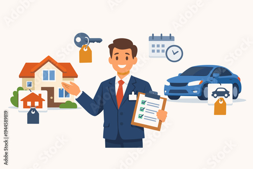 Professional real estate agent in a suit holding a clipboard with a checklist offering a house and a car for rent or sale. Concept of property management, car leasing, and insurance services.