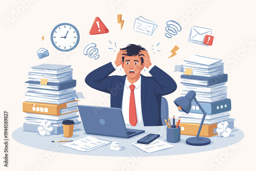 Stressed Businessman Overwhelmed by Heavy Workload and Deadlines at Office Desk with Piles of Paperwork, Laptop, and Pressure Icons, Desperate Employee Feeling Burnout and Anxiety Vector Illustration