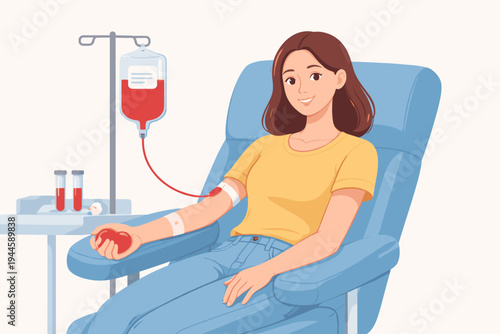 Young woman donating blood in a medical chair, smiling and holding a heart stress ball. Flat vector illustration of a voluntary blood donor at a clinic or hospital for healthcare and charity.