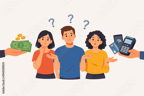 Confused People Choosing Between Cash and Digital Payment Methods, Hand Holding Money and Another Hand Holding Credit Card, POS Terminal, and Smartphone for Contactless Transaction Vector