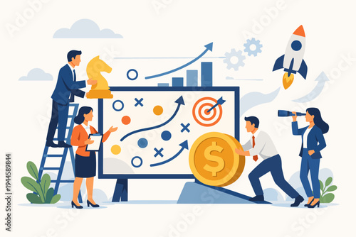 Business people working as a team on a growth strategy with a whiteboard, chess piece, rocket, and dollar coin. Flat vector illustration for startup planning, financial success, and vision.