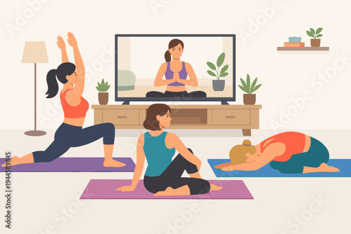 Vector Illustration of Three Fit Women Practicing Yoga Together in a Cozy Living Room at Home, Following an Online Fitness Instructor on a TV Screen for a Healthy Lifestyle and Wellness
