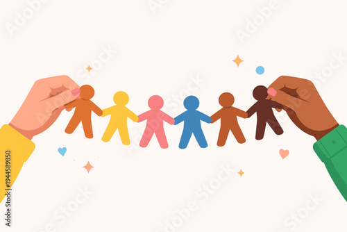 Vector illustration of multiracial hands holding a chain of colorful paper people cutouts, symbolizing diversity, inclusion, unity, and global community. Concept of teamwork and social equality.