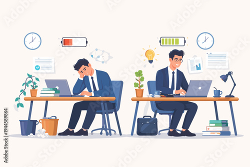 Comparison of two businessmen at work: one exhausted with low energy falling asleep at his desk and another productive professional with high energy and creative ideas working on a laptop.