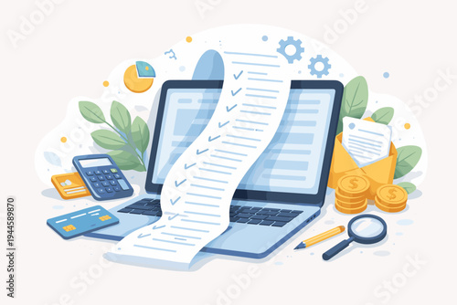 Vector illustration of online invoice and digital billing concept with long receipt coming out of laptop screen, financial tools, calculator, credit cards, and coins for business accounting.