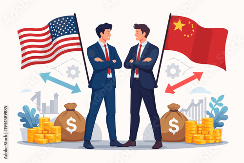 Vector illustration of US and China trade relations featuring two businessmen standing before national flags with money bags, gold coins, and economic growth charts representing global competition.