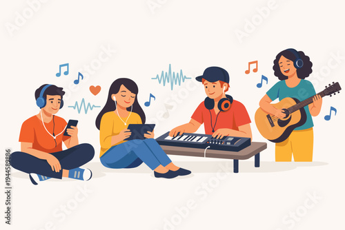 Flat Vector Illustration of Diverse Young People Enjoying Music, Playing Acoustic Guitar, Electronic Keyboard, and Listening to Songs on Smartphones and Tablets with Headphones and Earphones.