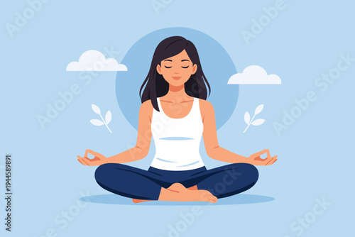 Young woman meditating in lotus pose for mindfulness and mental health wellness. Simple flat vector illustration of a peaceful girl practicing yoga and relaxation on a light blue background.
