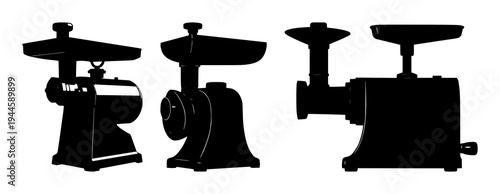 Industrial meat grinder set with solid black silhouette on white background featuring heavy-duty, vintage kitchen equipment, steel with solid fill and silhouette