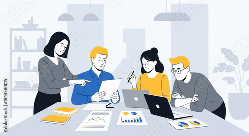 A diverse team of professionals collaborates diligently on a new project, analyzing data and strategizing for future success in a modern office environment.