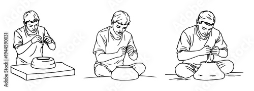 Sculptor set with continuous line drawing of a person sculpting clay featuring hand, wrist, sculpture with minimalist style and black stroke