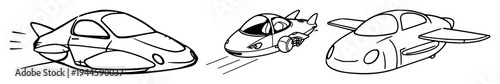 Flying car set with doodle style illustration featuring whimsical lines, playful design, futuristic transportation with innovation and imagination