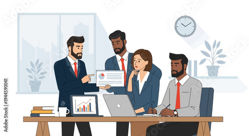 Diverse business professionals collaborate on a strategic project, analyzing data and discussing important financial reports in a modern office environment.