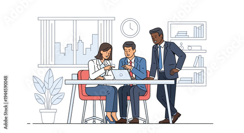 Three diverse business professionals collaborate enthusiastically on a digital project in a modern office environment, fostering teamwork and innovation.