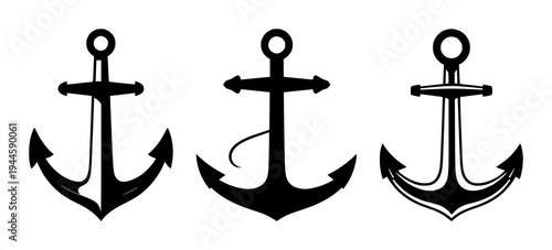 Anchor set with simple black silhouette on white background featuring nautical symbol, maritime icon, line art with logo-friendly and minimalist design