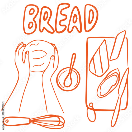 Bread baking process hand drawn doodle with dough hands whisk and bakery tools
