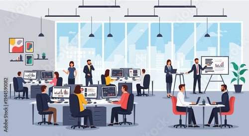 Diverse business professionals actively collaborate and work diligently in a modern open-plan office, engaging in presentations and individual tasks for corporate success.