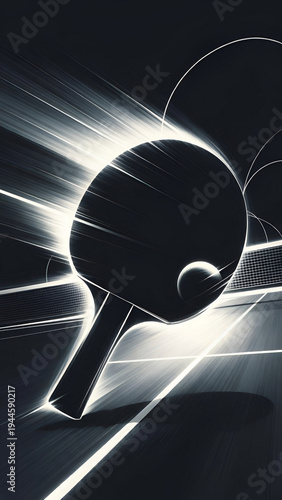 Abstract Glowing Table Tennis Paddle and Ball With Bright Light Burst on Dark Court Background, High Speed Ping Pong Sports Concept