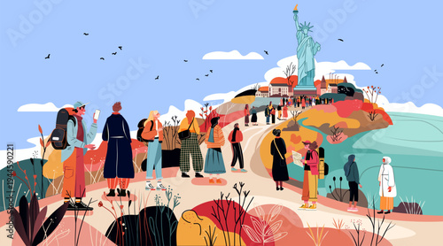 Tourists visiting Statue of Liberty sightseeing diverse people autumn landscape cityscape colorful plants modern travel concept website banner