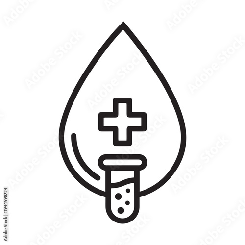 Professional Medical Diagnostic Icon Featuring a Blood Drop, Healthcare Cross, and Laboratory Test Tube for Clinical Analysis and Health Research.