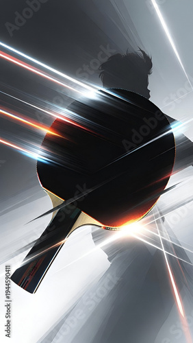Silhouette of Table Tennis Player With Paddle and Light Speed Motion Trails, Dramatic Ping Pong Sports Action Concept for Professional Competition