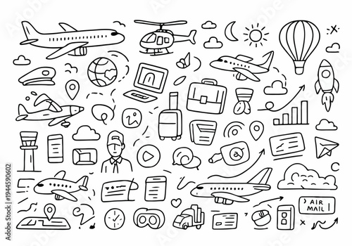 Hand drawn doodle vector set of airplanes and aviation elements in playful sketchy ink pen style with clean black outlines isolated on white background