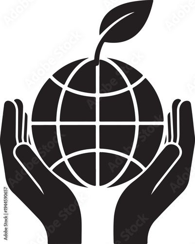 Hands Holding Eco Globe with Leaf Icon – Global Sustainability Silhouette Vector