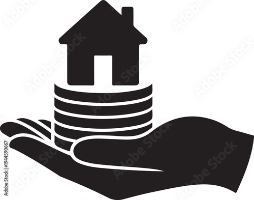 Hand Holding House with Energy Waves Icon – Sustainable Home Silhouette Vector