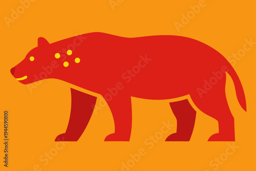 Red bear silhouette with yellow spots on orange background
