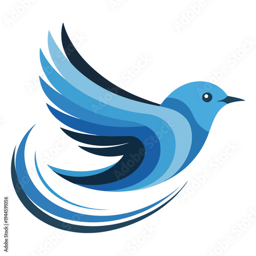 A stylized bird with dynamic wings in flight against a plain background