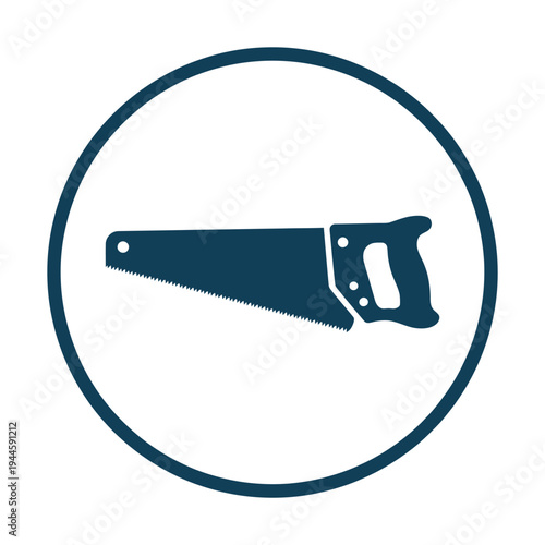 Vector of a handheld saw with a blue outline inside a circular border