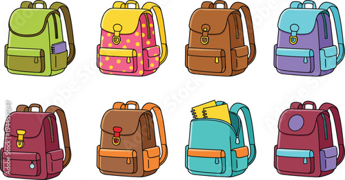 Cartoon backpack illustration set, colorful school bags with unique designs, educational supplies concept, playful student accessory collection